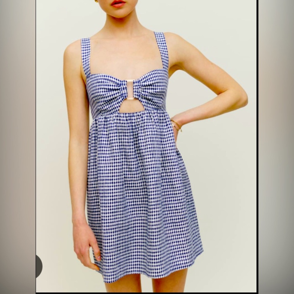 Reformation Noel Mini Dress blue white gingham, size 4, 100% linen